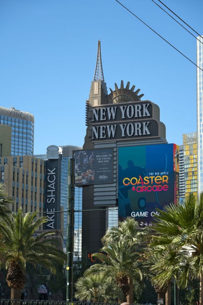 Iconic facade of New York New York Hotel & Casino in Las Vegas on a sunny day.